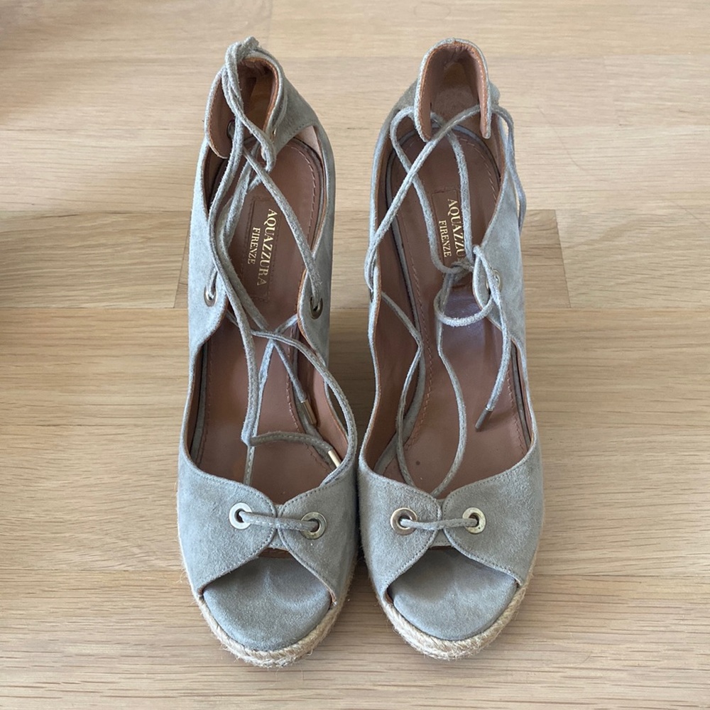 Aquazzura tie-up wood heel wedge, suede, green gray color excellent condition